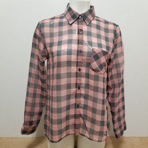 Faded Glory top Small 4/6 plaid sheer hi low chiffon button up down pocket check